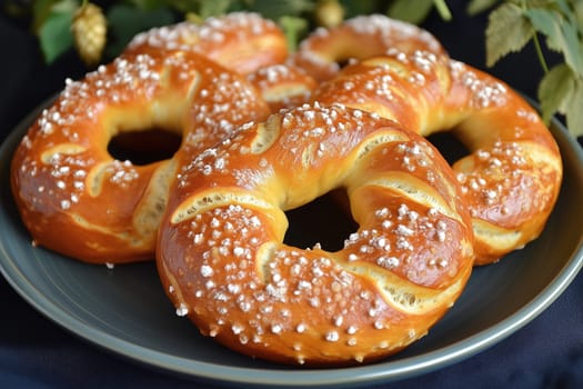 A collection of soft, golden-brown pretzels sits on a dark plate, adorned with coarse salt and placed against a backdrop of greenery.