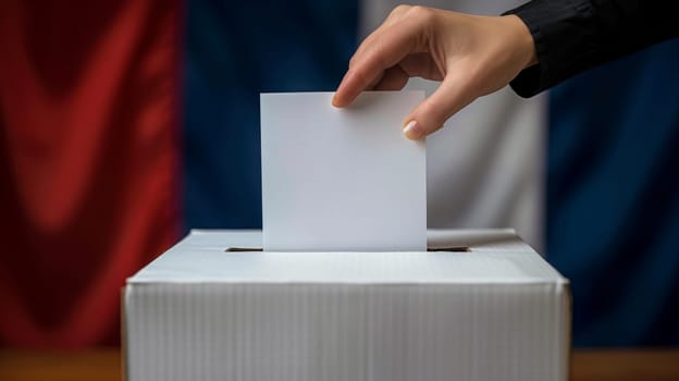 Womans Hand Casting Vote In Ballot Box Against Blurred French Flag, Election Day Concept