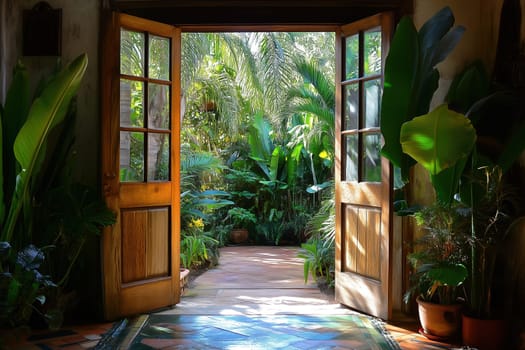 Sunlight filters through an open double door, inviting a view of a serene tropical garden teeming with lush plants and greenery, creating a peaceful atmosphere.