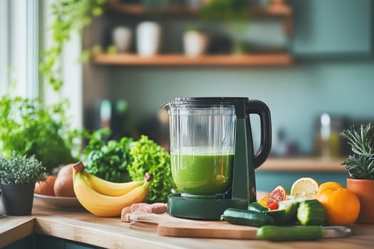 In a bright kitchen, a green smoothie blends in a sleek appliance with fresh cucumbers, bananas, lemons, and other produce nearby, showcasing healthy living.