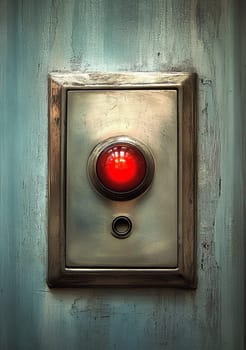Single red button glowing on a worn metal panel mounted on a grunge wall, perfect for concepts about danger, warning, or emergency
