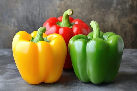 A vibrant assortment of bell peppers in red, green, and yellow sits on a textured countertop, highlighting their freshness and rich colors, perfect for culinary uses.