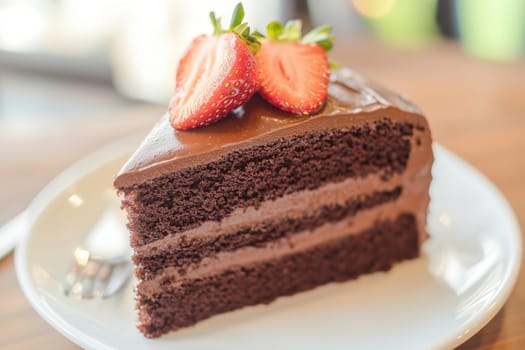 A rich and moist slice of chocolate cake is garnished with vibrant strawberries, placed on a simple white plate in an inviting café environment.