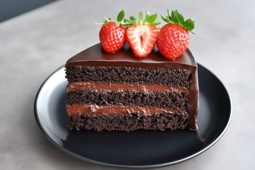 A slice of rich chocolate cake layered with chocolate ganache and adorned with fresh strawberries sits invitingly on a sleek black plate, perfect for dessert enthusiasts.