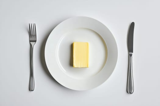 A block of yellow butter sits prominently on a plain white plate, flanked by a fork and knife, showcasing a minimalist dining setup. The background emphasizes simplicity and elegance.