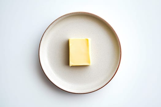 A block of butter sits centered on a minimalistic plate, highlighting its creamy texture and vibrant yellow hue against a light background.