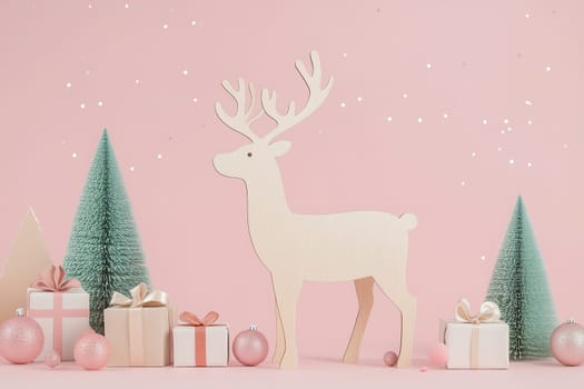 A charming holiday setup showcases a wooden reindeer standing beside small pastel trees and beautifully wrapped gifts arranged on a gentle pink backdrop, creating a cheerful atmosphere.
