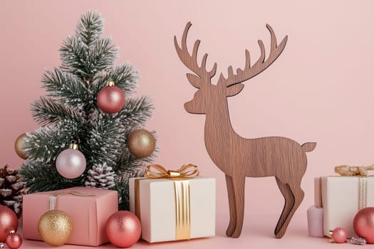 A wooden reindeer stands alongside a decorated Christmas tree adorned with ornaments, while stylish gift boxes in pastel colors rest nearby, creating a festive ambiance.