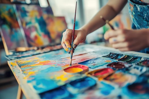A creative individual focuses on their artwork, skillfully mixing paint on a colorful palette. Sunlight streams through the studio windows, illuminating the process.