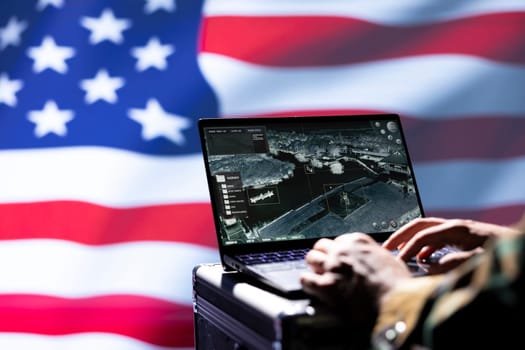 USA CIA agent combating organized crime and terrorism using surveillance system, close up shot. United States Central Intelligence Agency officer protecting national sovereignty