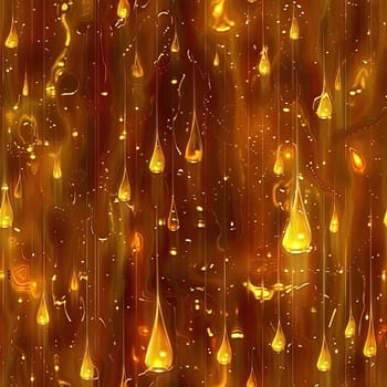 Golden droplets hang from a vibrant, warmly lit background, creating an enchanting visual effect resembling a shimmering waterfall. The ambiance evokes the cozy essence of twilight.