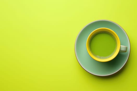 A cup filled with bright green tea sits on a soft blue saucer against a vivid lime green background, highlighting the colors and simplicity of the composition.