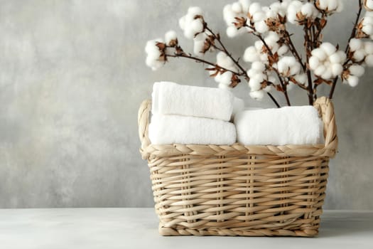 A woven basket holds several neatly folded white towels beside delicate cotton branches, creating a serene and stylish home aesthetic in a neutral-toned setting.