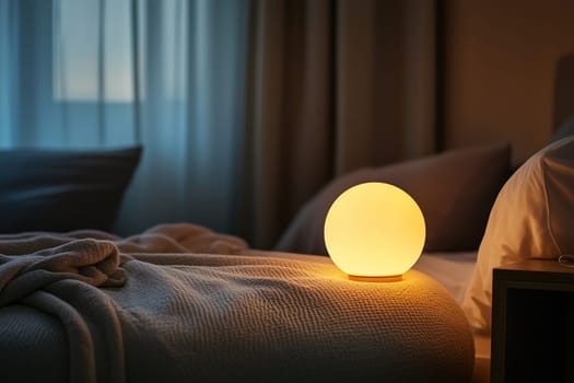 A round lamp emits a warm glow on a bedside table in a cozy bedroom. Soft fabric drapes across the bed, creating a relaxing evening atmosphere.