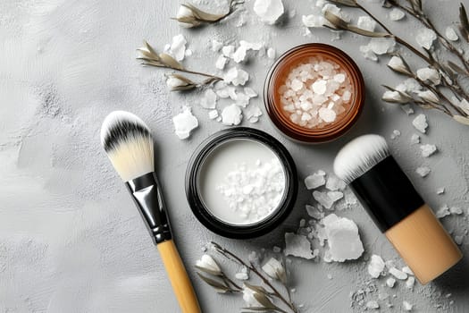 A calming arrangement of beauty products including cream, salt, brushes, and dried flowers, all displayed on a textured gray background.