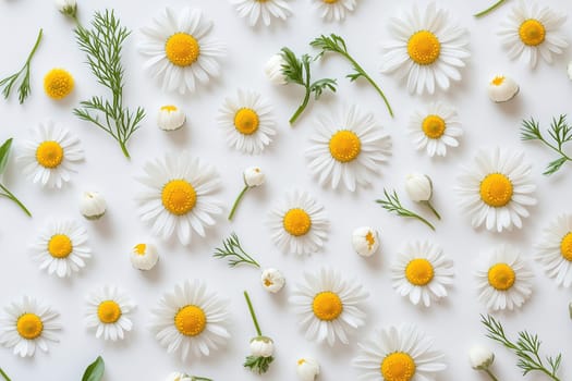 A vibrant collection of white daisies with bright yellow centers scattered artfully across a light background, interspersed with green herbs and leaves creating a fresh atmosphere.