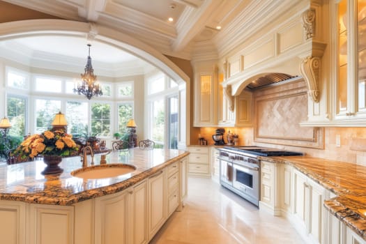 This kitchen features stunning granite countertops, high ceilings, and ample natural light. The elegant design includes detailed cabinetry and a cozy dining nook, perfect for gatherings.