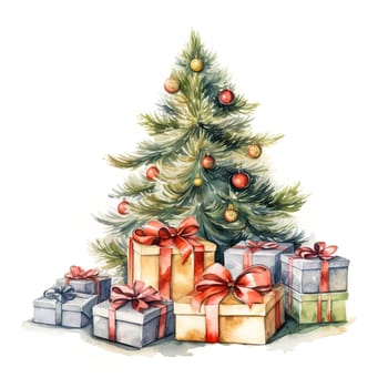 The festive Christmas tree stands tall, adorned with sparkling ornaments, while neatly wrapped gifts in various colors and sizes sit below, ready for celebration.