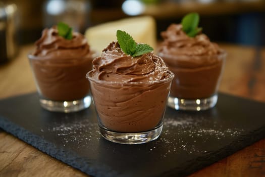 Three servings of rich chocolate mousse are elegantly presented in clear glasses, each topped with a fresh mint leaf, set on a dark slate plate in a warm restaurant atmosphere.
