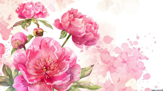 A cluster of lively pink peonies showcases their delicate petals and rich details, surrounded by soft splashes of color blending into the background.