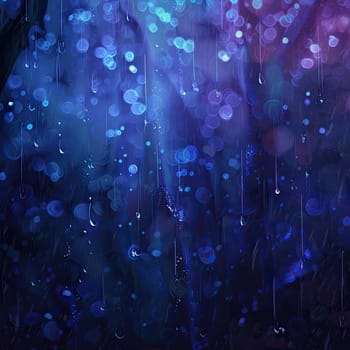 Raindrops cascade down against a backdrop of rich blue and purple hues, creating a tranquil and enchanting atmosphere filled with shimmering light reflections.
