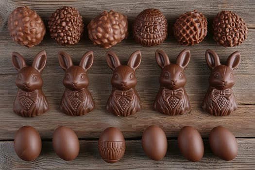 Delicious chocolate bunnies and eggs are artfully arranged on a weathered wooden tabletop, ideal for spring festivities and celebrations.