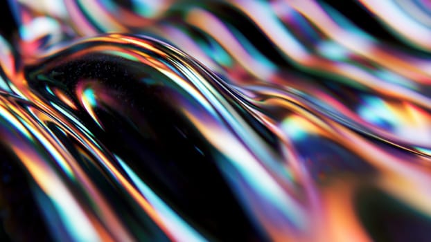 Abstract background with a colorful wavy metallic liquid surface reflecting light. An iridescent fluid texture with ripples