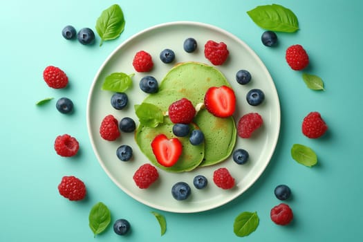 A plate features vibrant green pancakes adorned with strawberries, raspberries, and blueberries, surrounded by fresh mint leaves, creating a delightful breakfast display.