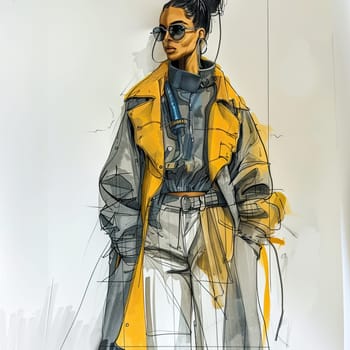 A model stands confidently in a bold yellow coat and sunglasses, embodying urban chic fashion. The stylish outfit features a gray top, white pants, and artistic flair, capturing modern elegance.