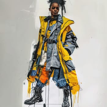 The model confidently poses in a striking oversized coat featuring bright colors and modern design elements while surrounded by an artistic backdrop.