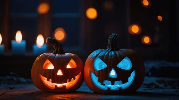Two Glowing Halloween Pumpkin Lanterns On Wooden Porch At Night With Spooky Background Decoration.