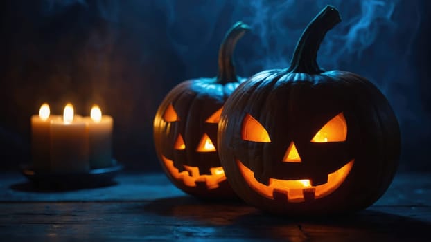 Spooky Halloween Scene with Two Carved Pumpkins and Flickering Candles in Dark Background.