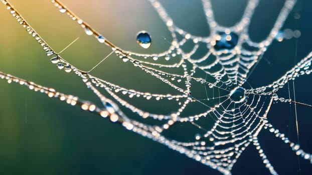 Delicate spider web with morning dew drops glistening in the sunlight. Dew drops reflect sunlight, sparkling like diamonds against a soft.