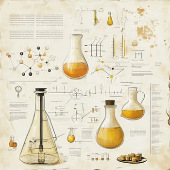 This infographic illustrates various laboratory equipment used in chemical experiments, featuring diagrams and descriptions of processes. Its vintage design enhances its educational appeal.