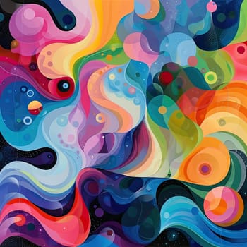 This artwork features a dynamic blend of colors and shapes that evoke a sense of cosmic wonder, with swirling patterns resembling galaxies and celestial bodies.