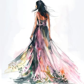 A graceful woman in an elegant, flowing dress moves softly, her silhouette blending into colorful watercolor splashes, creating a whimsical and artistic atmosphere.