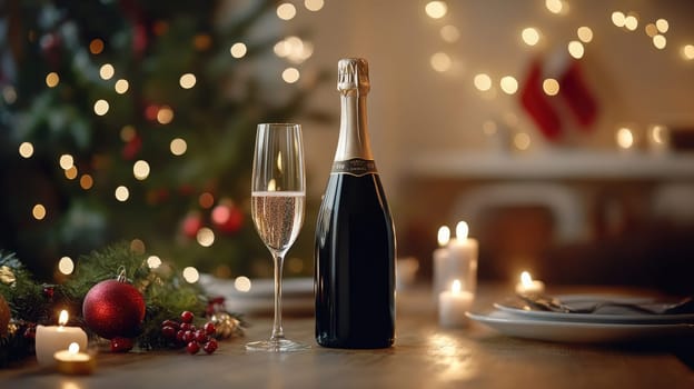 A sparkling bottle of champagne stands beside a flute on a wooden table, adorned with holiday decorations and glowing candles, creating a warm, festive atmosphere.