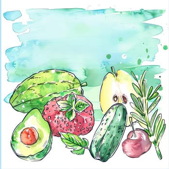 A colorful arrangement of fresh fruits and vegetables showcases a summer menu. The display includes avocados, strawberries, cucumbers, cherries, and more, set against a soft, artistic backdrop.