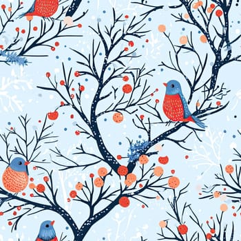 Brightly colored birds are sitting on bare branches surrounded by snowflakes and clusters of berries, creating a vibrant winter atmosphere.