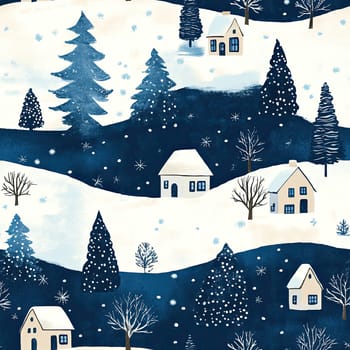 A picturesque winter scene showcases snow-laden hills dotted with cozy houses, tall pine trees, and delicate bare branches against a deep blue sky.