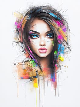 A captivating portrait depicts a woman with bold makeup and blue eyes, surrounded by splashes of vibrant colors and abstract art elements, creating a contemporary visual impact.