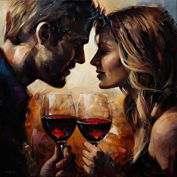 A couple stands close, holding glasses of red wine, enjoying a tender moment together. Their expressions convey love and connection in a cozy atmosphere.