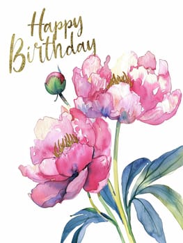This artistic birthday card showcases beautiful pink peonies adorned with lush green leaves, complemented by elegant golden text wishing a happy birthday, perfect for celebrating.