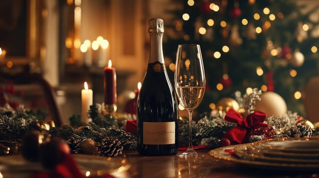 A beautifully arranged dinner table features a bottle of champagne and a flute, surrounded by festive decorations, candles, and a sparkling Christmas tree.