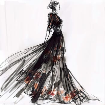A stylish figure is elegantly portrayed in a flowing gown with floral details, emphasizing creativity in fashion design and artistic expression.