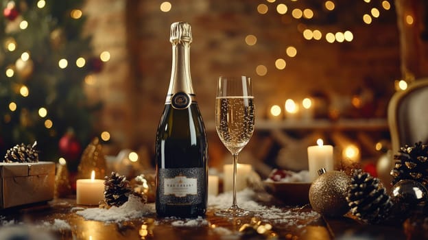 A bottle of champagne and a flute sitting on a table adorned with sparkling decorations, candles, and holiday gifts, creating a warm, celebratory atmosphere.