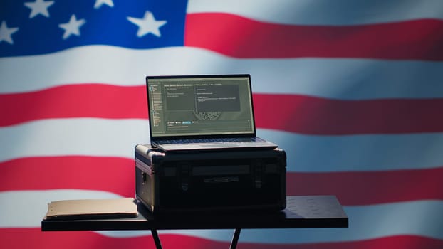Laptop in CIA command center used by counterterrorism agents to run surveillance efforts against enemy of United States in conformity with Patriot Act law, isolated over USA flag, camera A