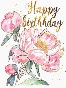 A colorful birthday card showcases stunning pink peonies with gold lettering that reads happy birthday, perfect for celebrating a special day.