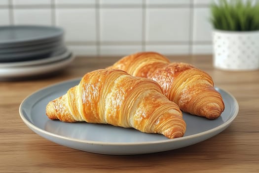 A plate holds two golden-brown croissants, showcasing their flaky texture. The backdrop features a stack of dishes and a small plant, creating a warm kitchen atmosphere.