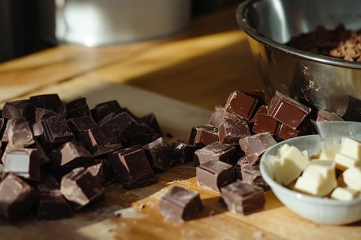 Chunks of dark chocolate and white chocolate are neatly arranged on a wooden countertop, with a metal bowl nearby containing cocoa powder, all illuminated by natural light.